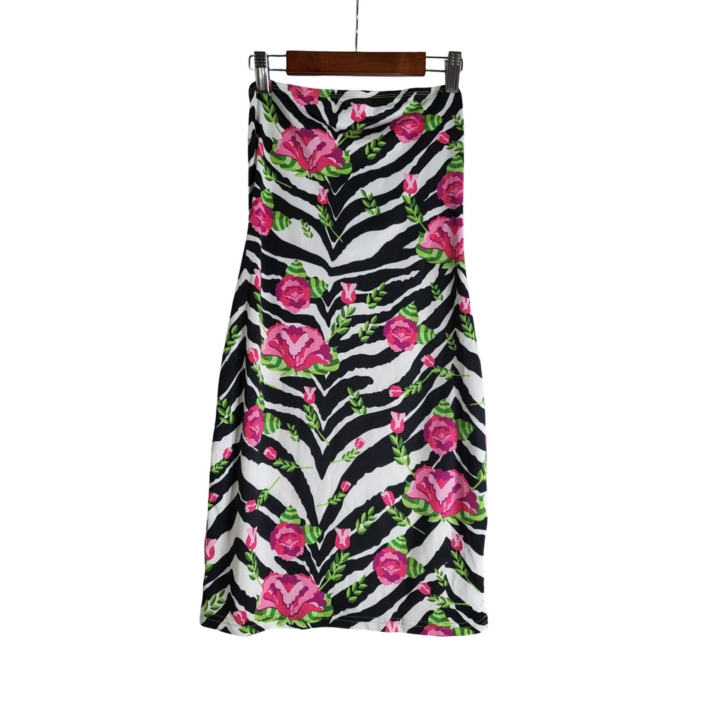SHEIN Zebra Pink Floral Strapless Tube Dress Animal Print Mini M J-Fashion Core